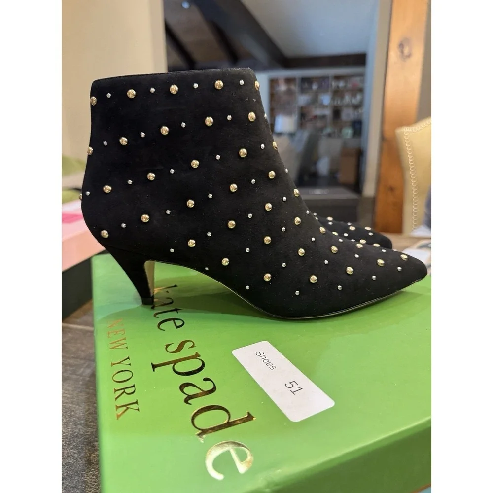 Kate Spade New York BLACK KID SUEDE Women's Starr Ankle Boots Size 7‎ Studded